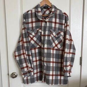 Soft Plaid Shirt Jacket / Shacket in Gray White and Brown